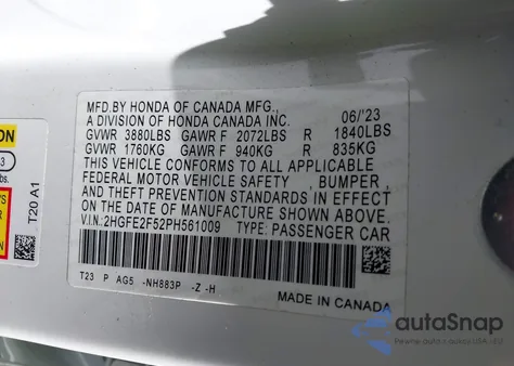 2023 Honda Civic Sport from USA, damaged, VIN 2HGFE2F52PH561009